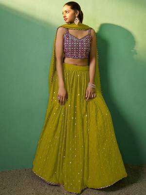 green sequins georgette mehendi lehenga set choli with dupatta 1