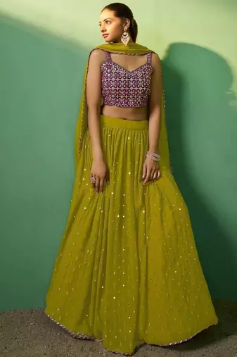 green sequins georgette mehendi lehenga set choli with dupatta