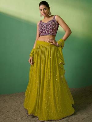green sequins georgette mehendi lehenga set choli with dupatta 3