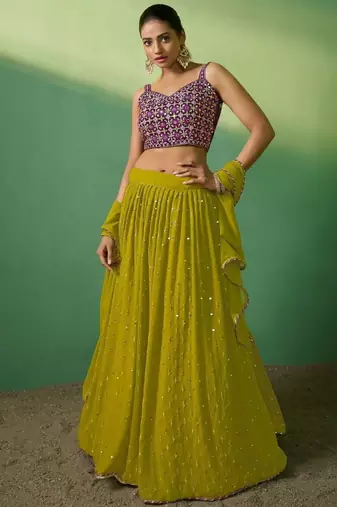 green sequins georgette mehendi lehenga set choli with dupatta