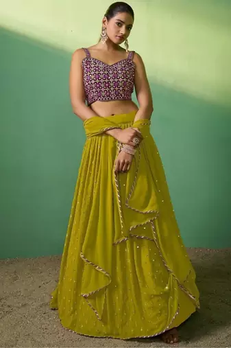 green sequins georgette mehendi lehenga set choli with dupatta