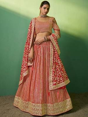 red sequins georgette lehenga set choli with dupatta with net dupatta 1