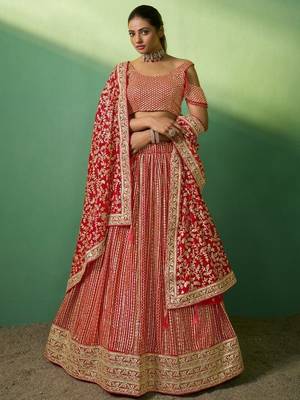 red sequins georgette lehenga set choli with dupatta with net dupatta 4