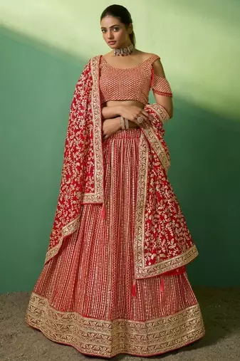 red sequins georgette lehenga set choli with dupatta with net dupatta