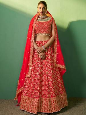 red embroidered georgette wedding lehenga set choli with dupatta with dupatta 2