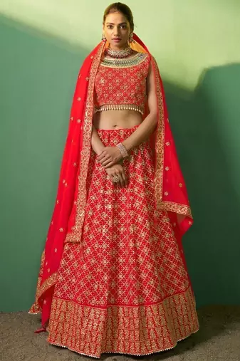 red embroidered georgette wedding lehenga set choli with dupatta with dupatta