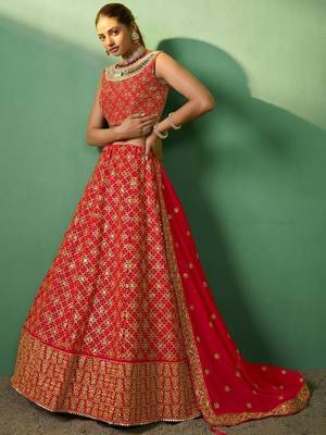 red embroidered georgette wedding lehenga set choli with dupatta with dupatta 3
