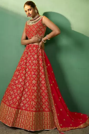 red embroidered georgette wedding lehenga set choli with dupatta with dupatta