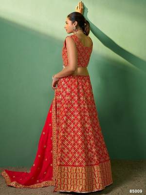 red embroidered georgette wedding lehenga set choli with dupatta with dupatta 4