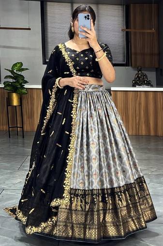 Grey Digital Printed Dola Silk Festival Wear Lehenga Choli