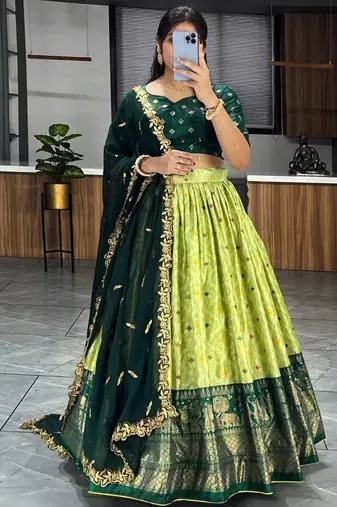 light green digital printed dola silk lehenga set choli with dupatta with dupatta