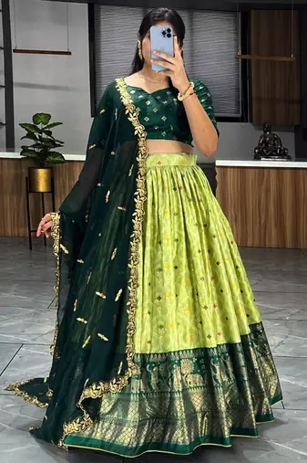 light green digital printed dola silk lehenga set choli with dupatta with dupatta