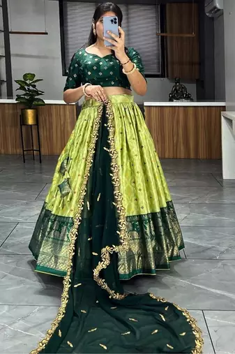 light green digital printed dola silk lehenga set choli with dupatta with dupatta
