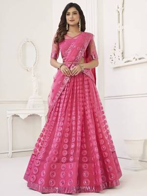 Pink Sequins Net Reception Wear Wear Lehenga Choli 4