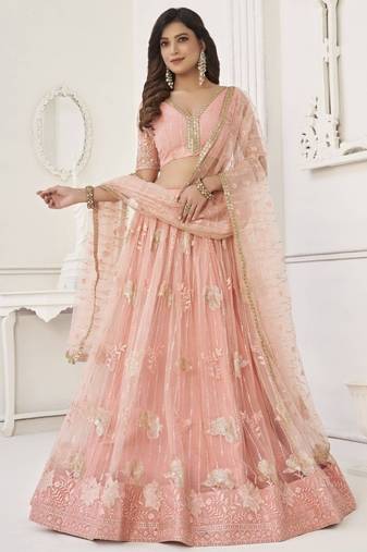 Peach Sequin Net Bridesmaid Lehenga Choli With Dupatta