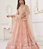 Peach Sequin Net Bridesmaid Lehenga Choli With Dupatta