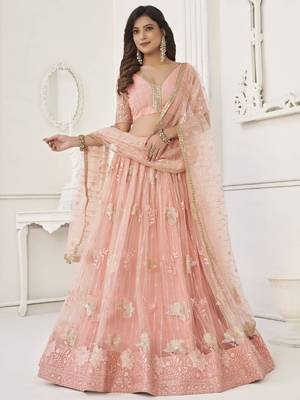 Peach Sequin Net Bridesmaid Lehenga Choli With Dupatta 3
