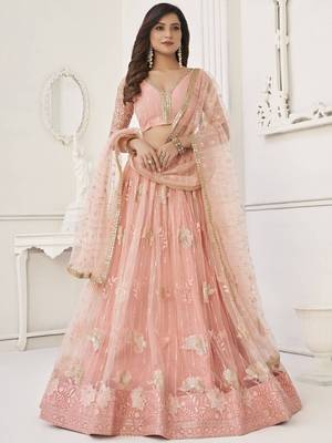 Peach Sequin Net Bridesmaid Lehenga Choli With Dupatta 4