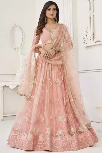 Peach Sequin Net Bridesmaid Lehenga Choli With Dupatta
