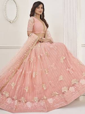 Peach Sequin Net Bridesmaid Lehenga Choli With Dupatta 5