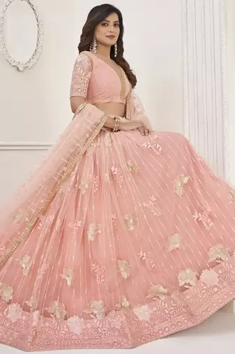 Peach Sequin Net Bridesmaid Lehenga Choli With Dupatta