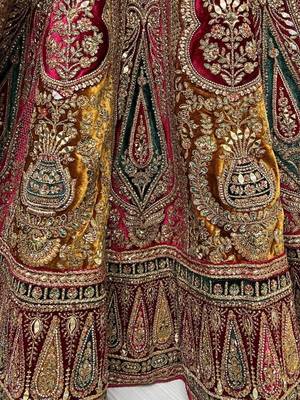 Maroon Embroidered Velvet Lehenga Choli With Double Dupatta 2