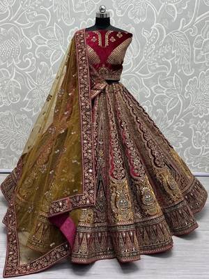 Maroon Embroidered Velvet Lehenga Choli With Double Dupatta 3