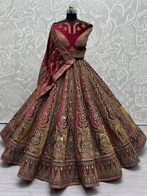 Maroon Embroidered Velvet Lehenga Choli With Double Dupatta 4