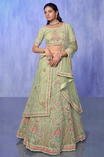 Green Embroidered Net Wedding Lehenga Choli With Dupatta