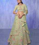 Green Embroidered Net Wedding Lehenga Choli With Dupatta