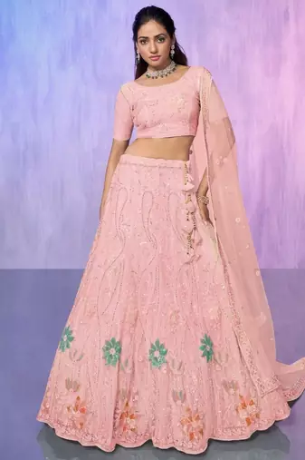 Peach Sequins Net Engagement Wear Lehenga Choli