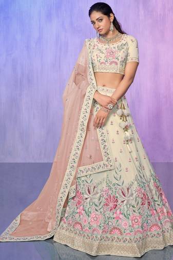 Off-White Floral Embroidered Georgette Lehenga Choli