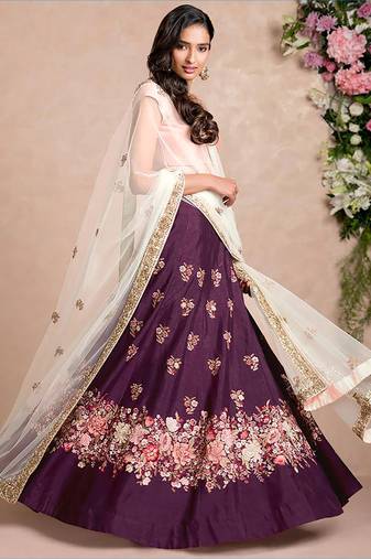 Purple Dori Embroidered Silk Bridal Wedding Lehenga Choli