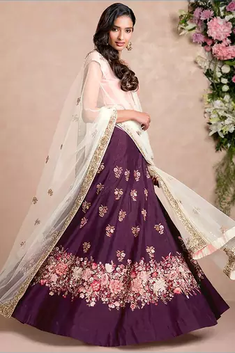 purple dori embroidered silk bridal wedding lehenga set choli with dupatta