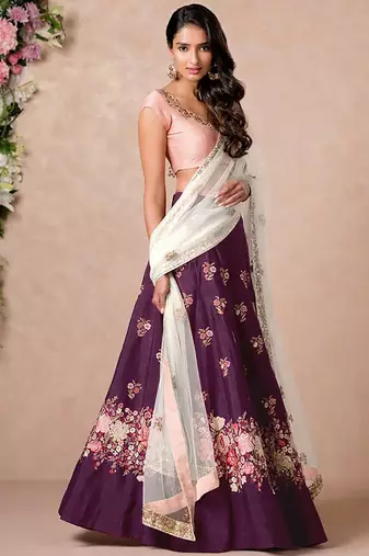 purple dori embroidered silk bridal wedding lehenga set choli with dupatta