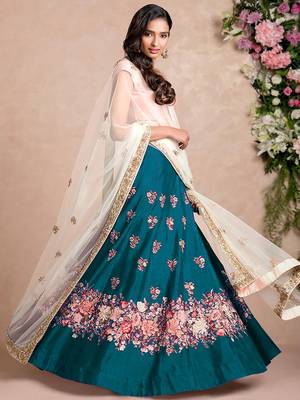 teal blue dori embroidered silk bridal wedding lehenga set choli with dupatta 3