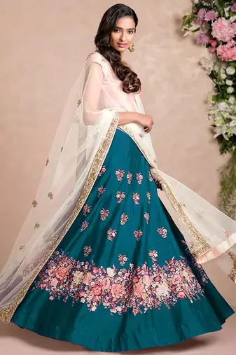 teal blue dori embroidered silk bridal wedding lehenga set choli with dupatta