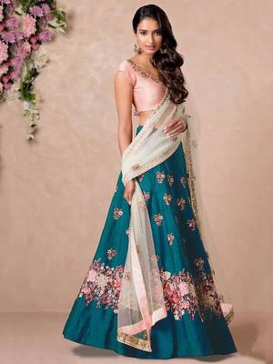 teal blue dori embroidered silk bridal wedding lehenga set choli with dupatta 4