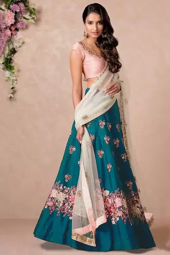 teal blue dori embroidered silk bridal wedding lehenga set choli with dupatta