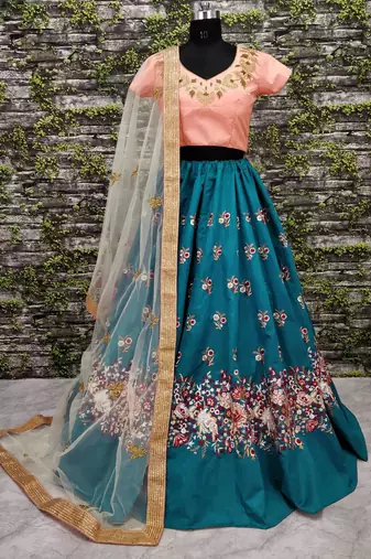 teal blue dori embroidered silk bridal wedding lehenga set choli with dupatta