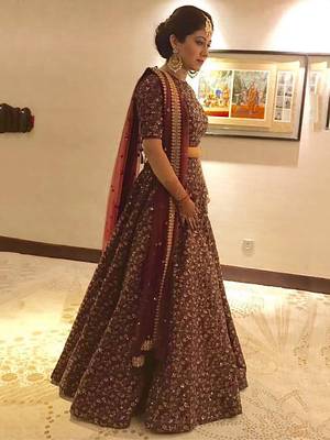 maroon zari embroidered silk bridal lehenga set choli with dupatta 1
