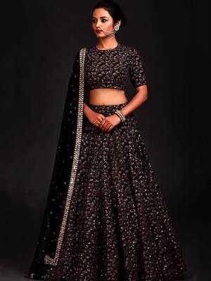 black silk sequin lehenga set choli with dupatta 1