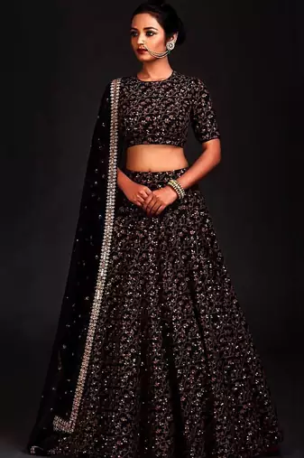 black silk sequin lehenga set choli with dupatta
