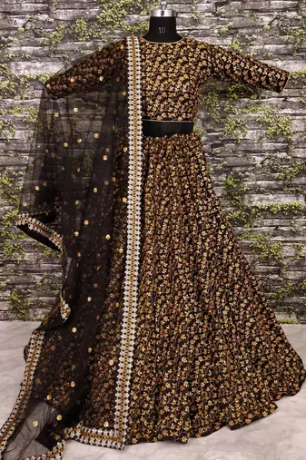 black silk sequin lehenga set choli with dupatta