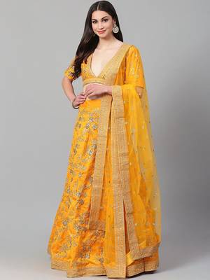 yellow embroidery thai silk bridal lehenga set choli with dupatta 1