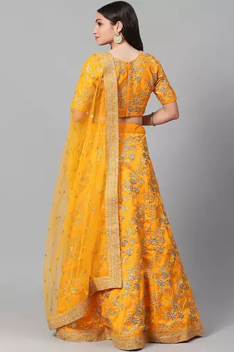 yellow embroidery thai silk bridal lehenga set choli with dupatta
