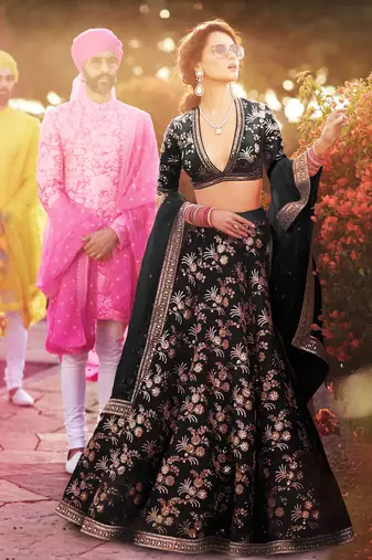 black embroidery thai silk bridal lehenga set choli with dupatta