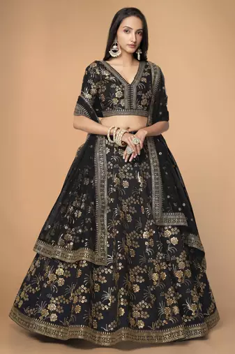 black embroidery thai silk bridal lehenga set choli with dupatta