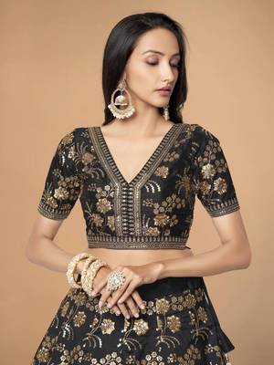 black embroidery thai silk bridal lehenga set choli with dupatta 5