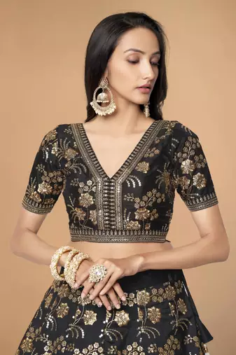 black embroidery thai silk bridal lehenga set choli with dupatta